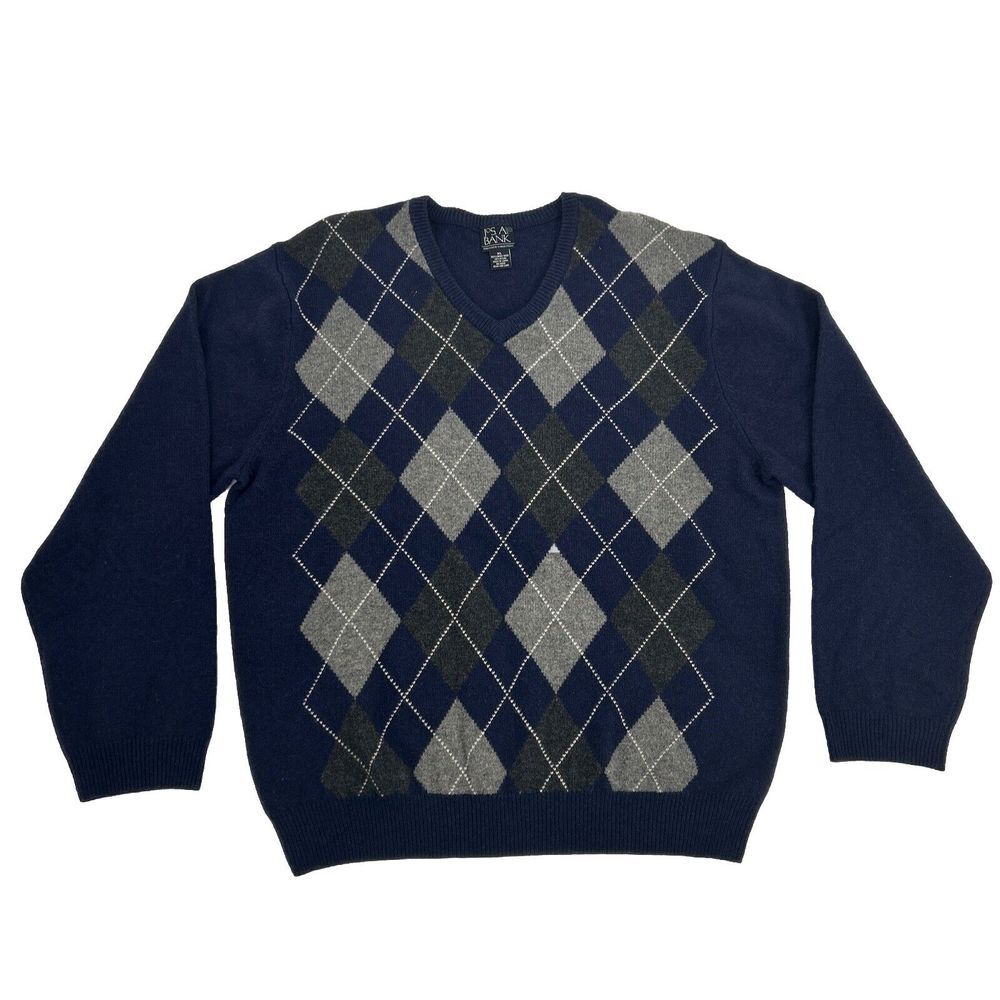 Jos A Bank Executive Sweater Men XL Blue‎ Argyle V-Neck Lambs Wool Nylon Blend